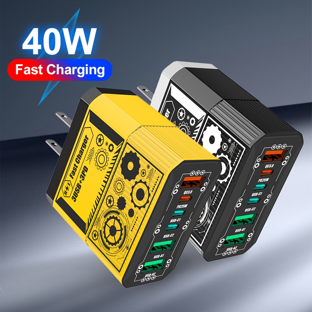 3USB + 3PD Total 40W Mobile Phone Fast Charging Adapter, US Plug 6 Ports Charger QC3.0 Fast Charging for iPhone for Samsung Travel Charger Wall Charger, Multidevice Charging, Spacesaving Charger, Compact Charger, Efficient Charging Technology, Sturdy