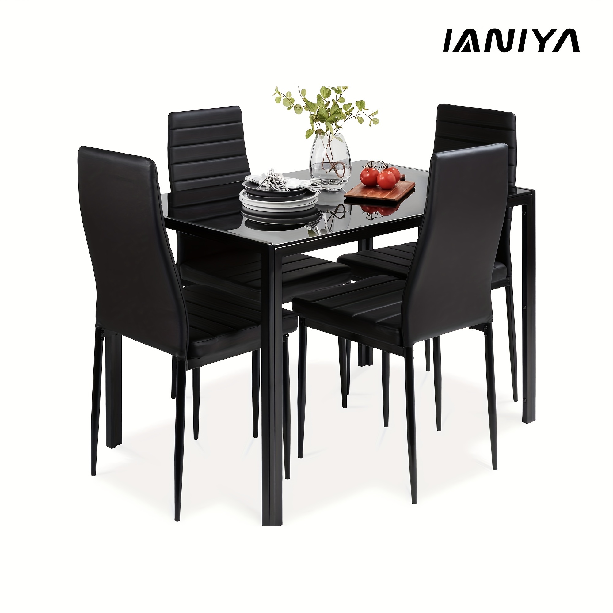 

Ianiya 5 Pieces Dining Table Set Kitchen Room Tempered Glass Dining Table Set Black
