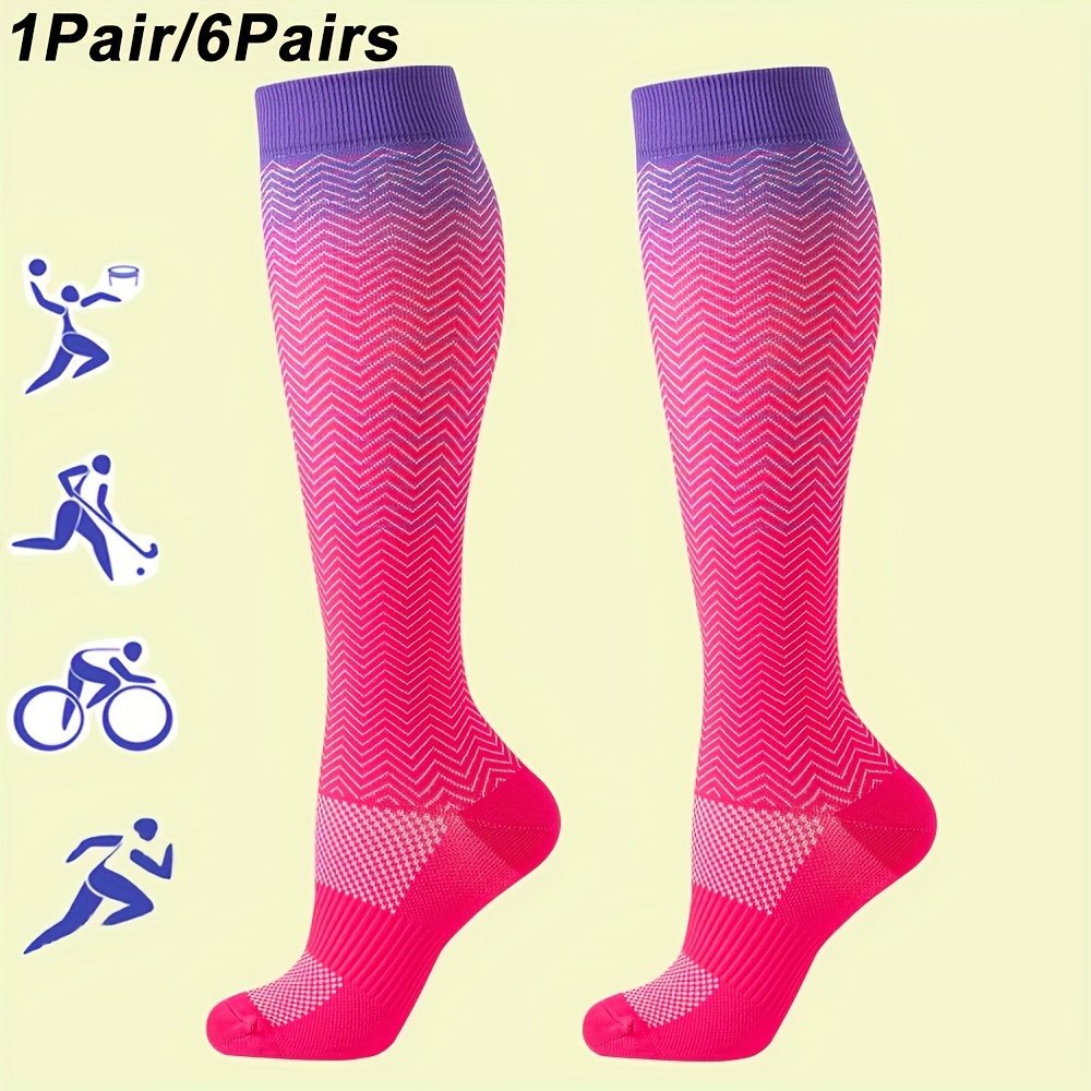 TEMU 1 Paar/6 Paar bunte gestreifte Kompressionssocken für Damen und Herren, geeignet für Radfahren, Tanzen, Yoga und kniehohe Kompressionskleidung