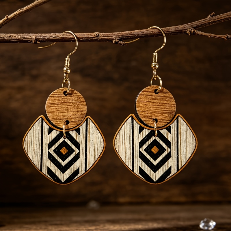TEMU A Pair Of Distressed Tribal-style Wooden Drop Earrings With Hook Backs, Featuring 2pcs Spliced Fan-shaped Wooden Tags With Black And White