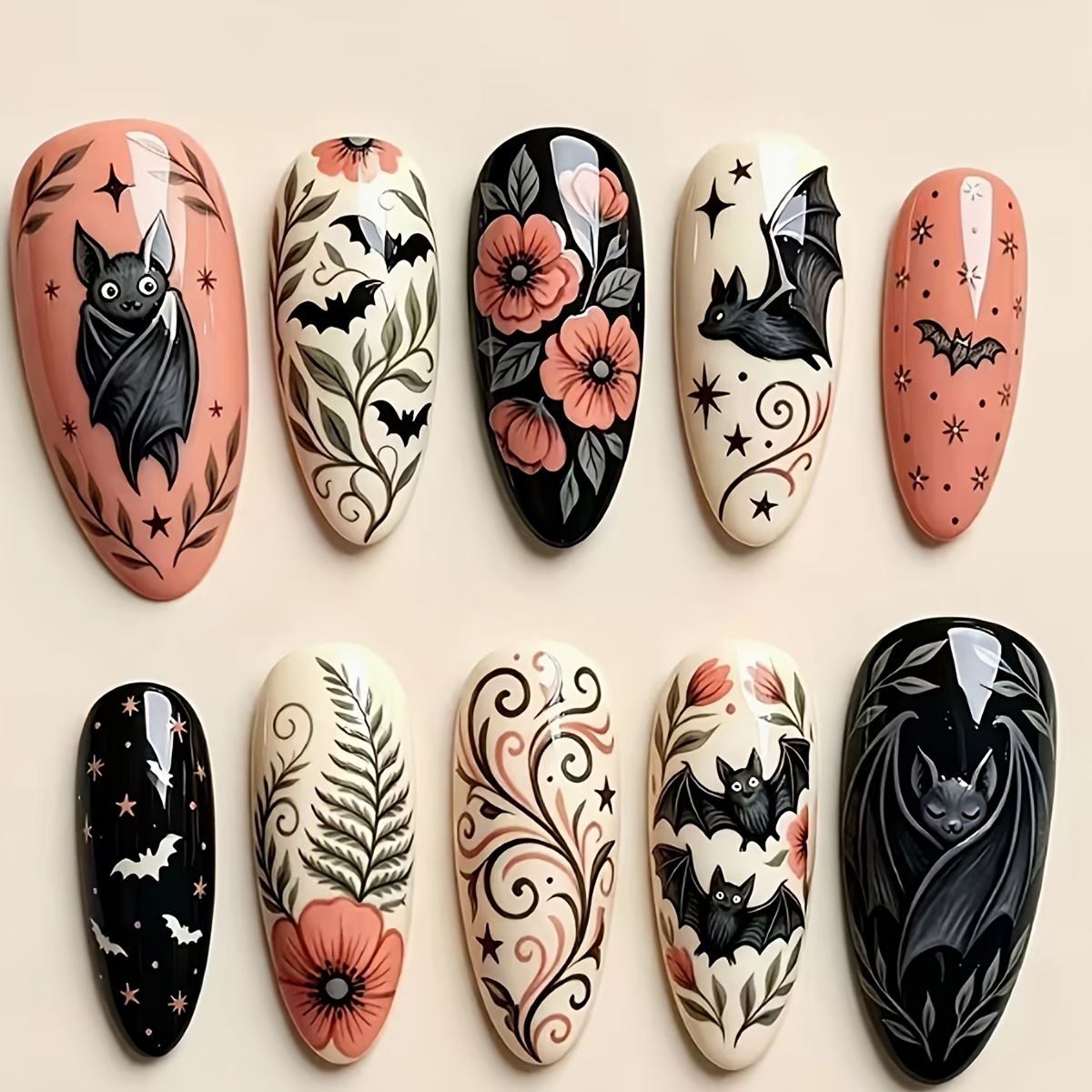 TEMU Lot de 24 faux ongles moyens à pression pour Halloween, motif chauve-souris, floral, étoile, vintage, à couverture complète