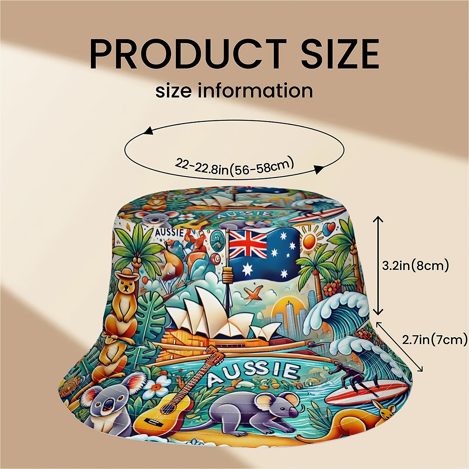 TEMU 1pc Australian Flag Kangaroo & Koala Print Bucket Hat - Unisex Outdoor Fishing With Iconic Wildlife Design For Beach, Hiking, Casual Wear -