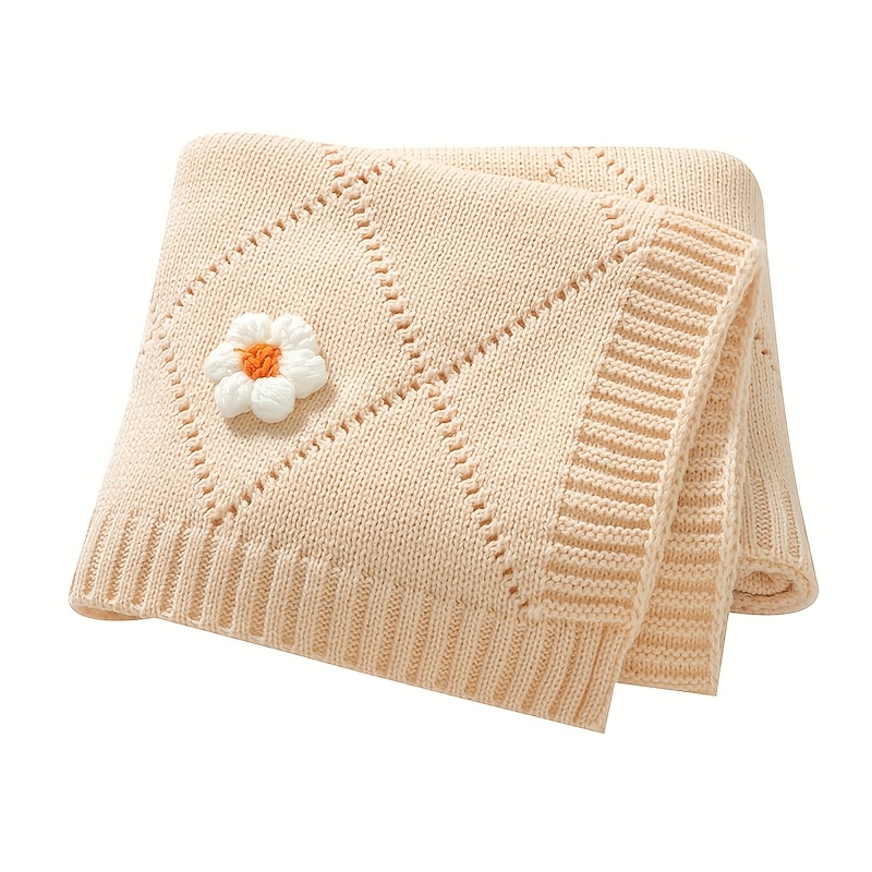 Cute Hand-Knitted Children's Blanket with Small Flower Design