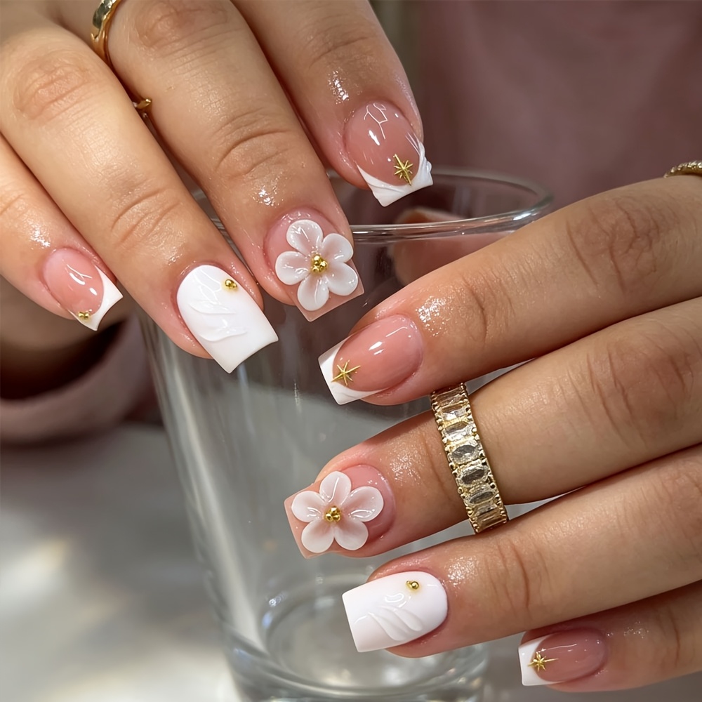 TEMU 24 stuks Witte Franse 3D Stereoscopische Bloem Relief Veer Press Nagel Patches, Versierd met Gouden Kralen, Driedimensionale Bloemen, En Wordt