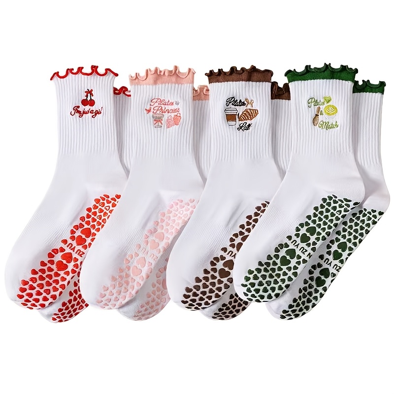 TEMU 4 Paar Damen Pilates-Yoga-Socken mit Fruchtmuster, wadenhoch