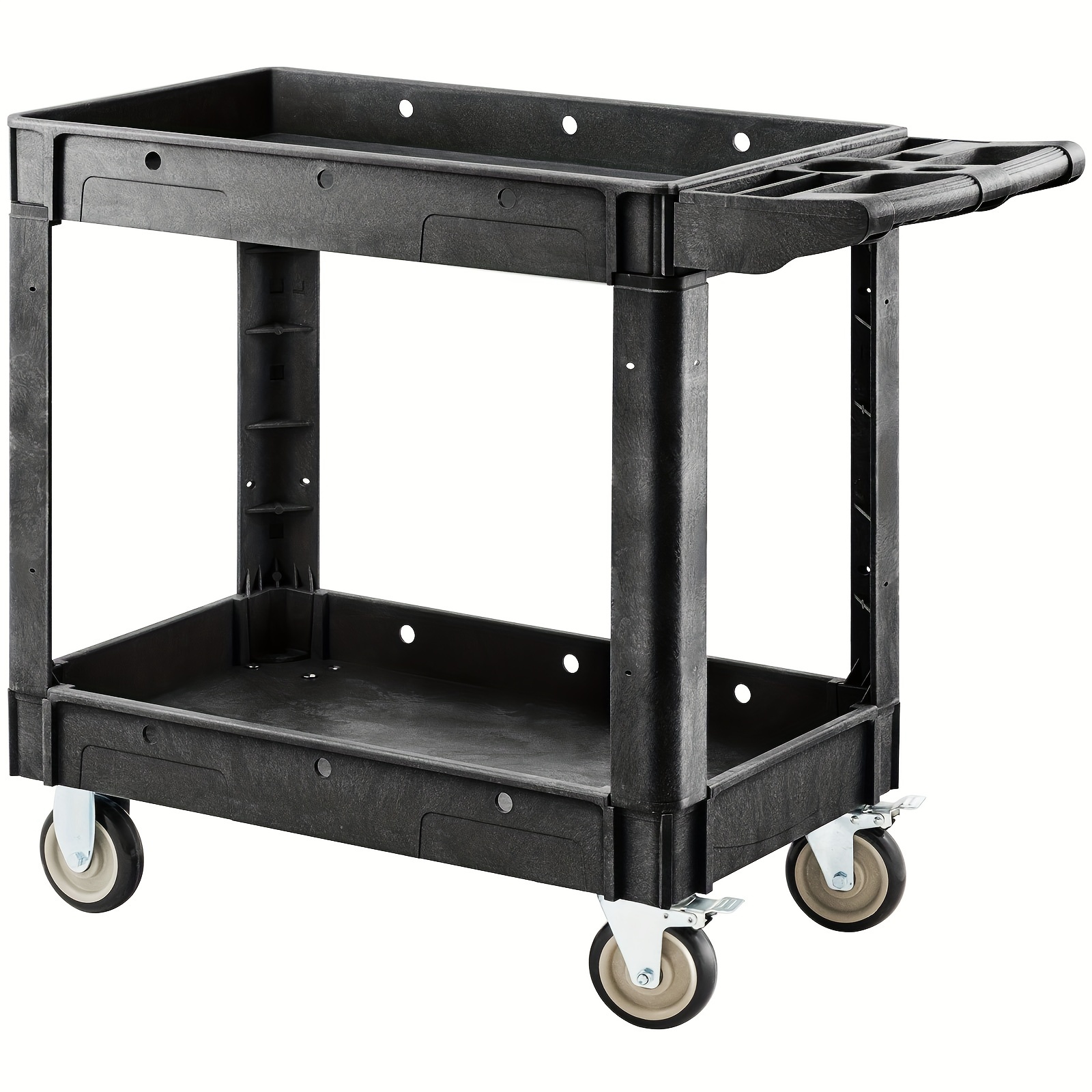 

2-tier Plastic Service Utility Cart With Wheels, 32" X 17.6" Heavy Duty Cleaning Cart Supports Up To 640 Lbs, Work Cart With Storage Handle And 2 Brakes Wheels For Warehouse/garage/cleaning