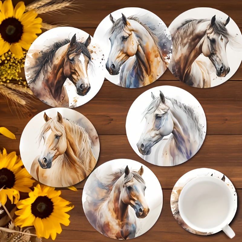 TEMU 6pcs Simulated Horse Art Themed Wooden Coasters, Heat-resistant And Non-slip Table Mats, Ideal For Christmas Or Thanksgiving Gifts