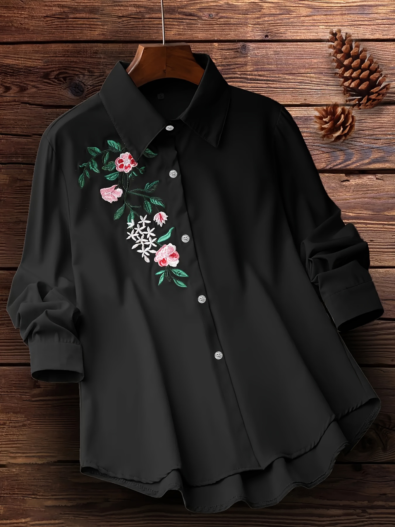 Floral Embroidered Button Down Shirt, Vintage Long Sleeve Shirt For Spring &amp; Fall, Women's Clothing