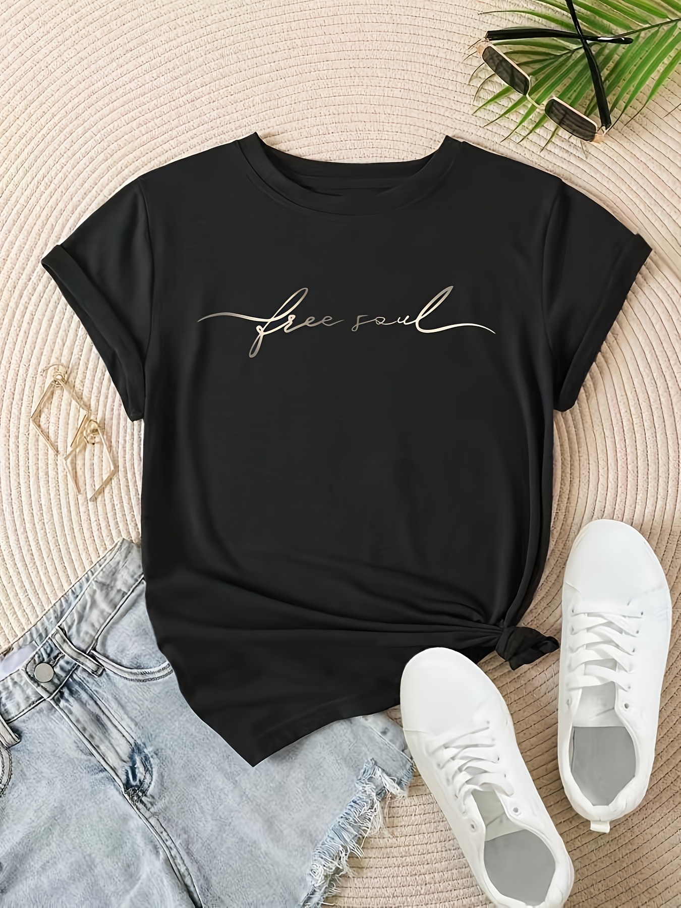 Letter Print T-shirt, Casual Short Sleeve Crew Neck Top For Spring & Summer, Women's Clothing