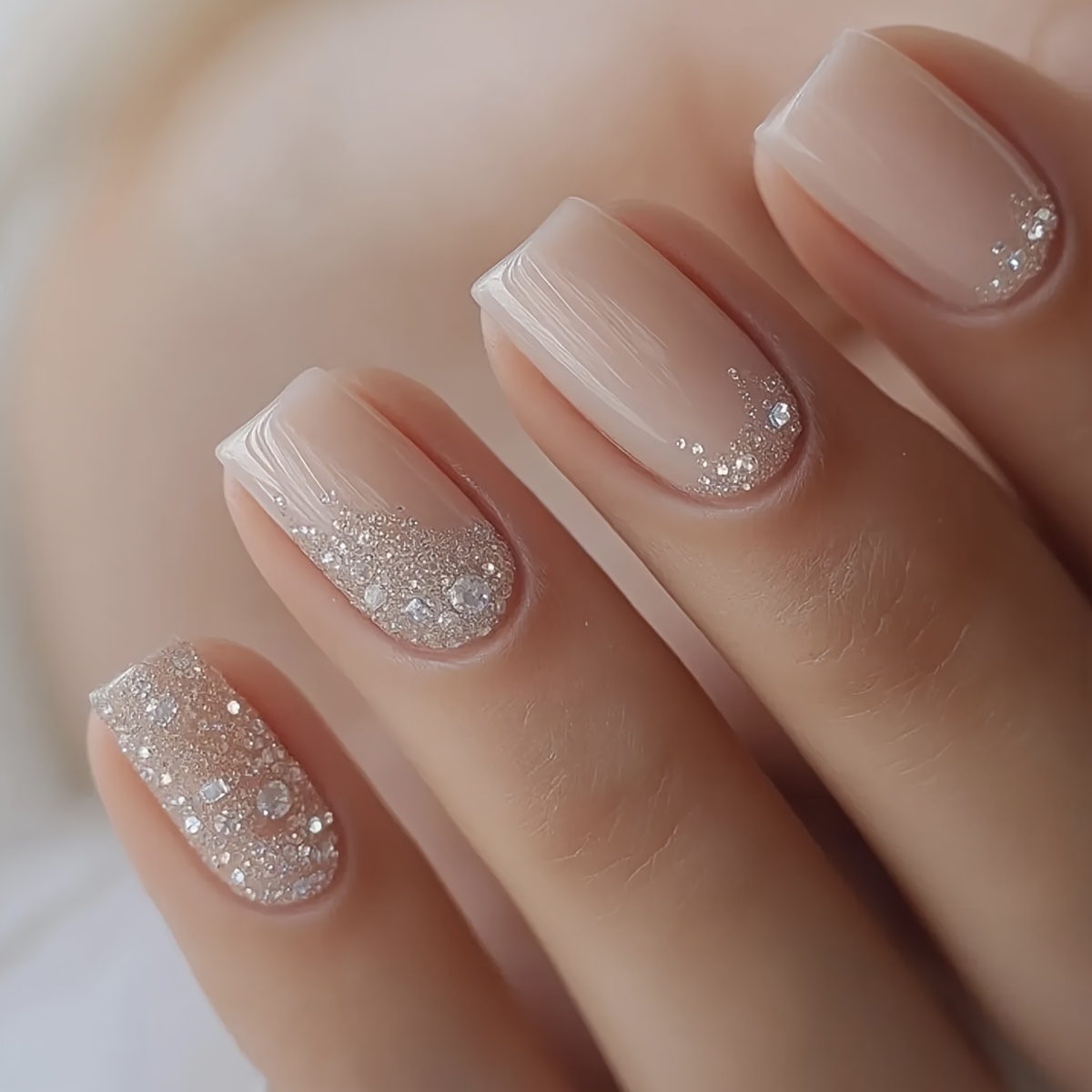 TEMU 24pcs Medium Square Nails Simple Nude Pink Sparkling Sweet Gloss Full Cover Reusable Fake Nail Set Includes And Jelly Glue