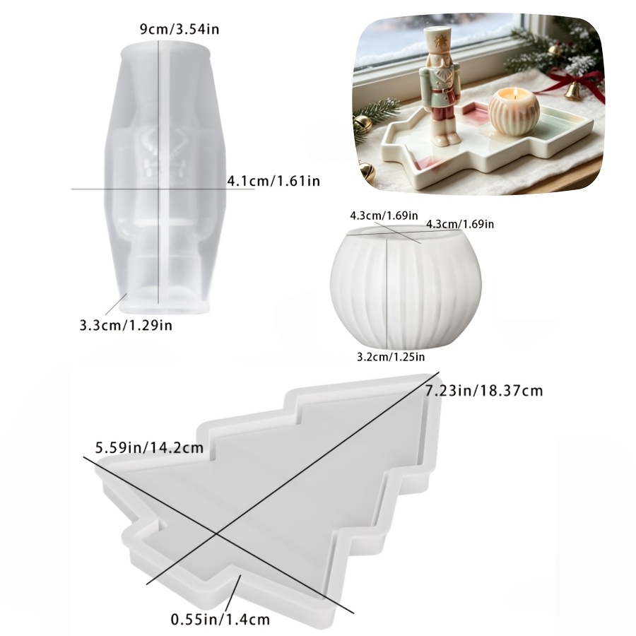 TEMU Resin Silicone Mold Set Of 3pcs: Christmas Soldier, Striped Round Candlestick, And Christmas Tree Tray Cover, Suitable For Making Epoxy Plaster