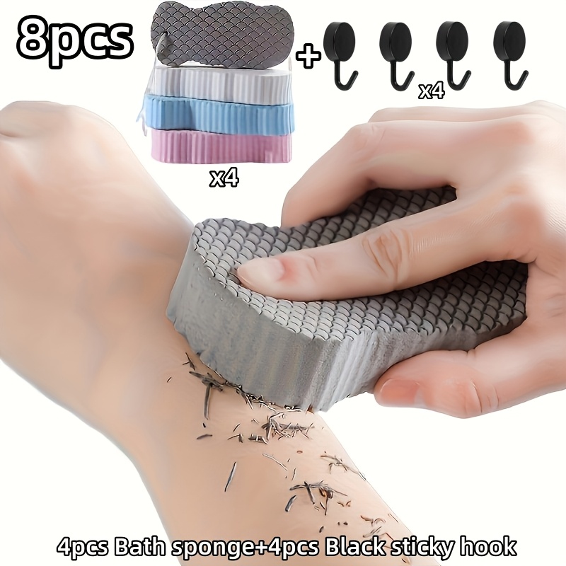 TEMU 8pcs Exfoliating Bath Towel Set (4pcs Bath Scrub Towels And 4pcs Black Sticky Hooks) 3d Textured Skin-friendly Bath Sponge Suitable For Shower