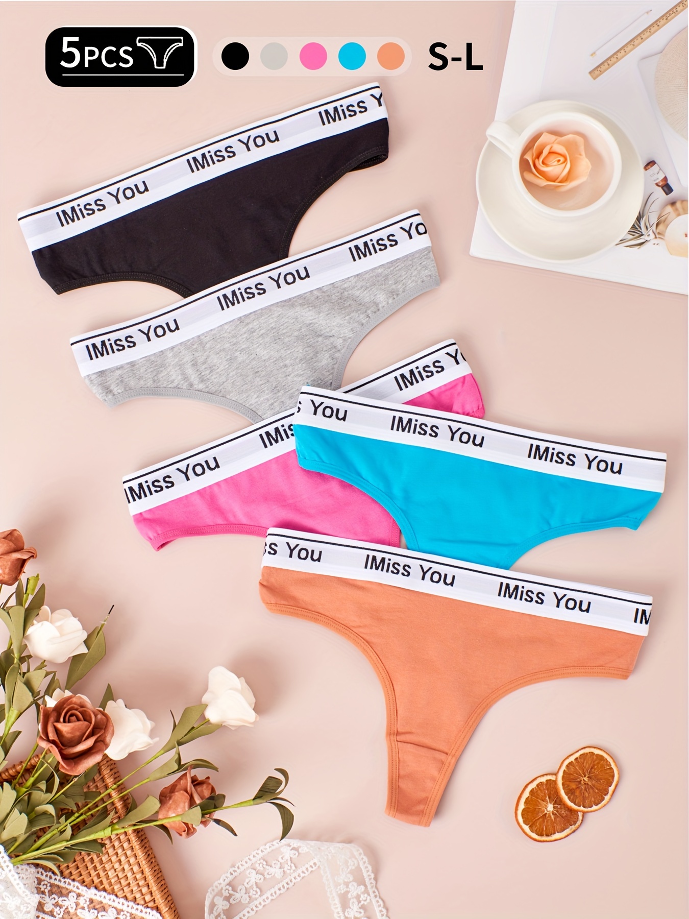 5pcs Letter Print Thongs, Soft & Comfy Stretchy Intimates Panties, Women's  Lingerie & Underwear