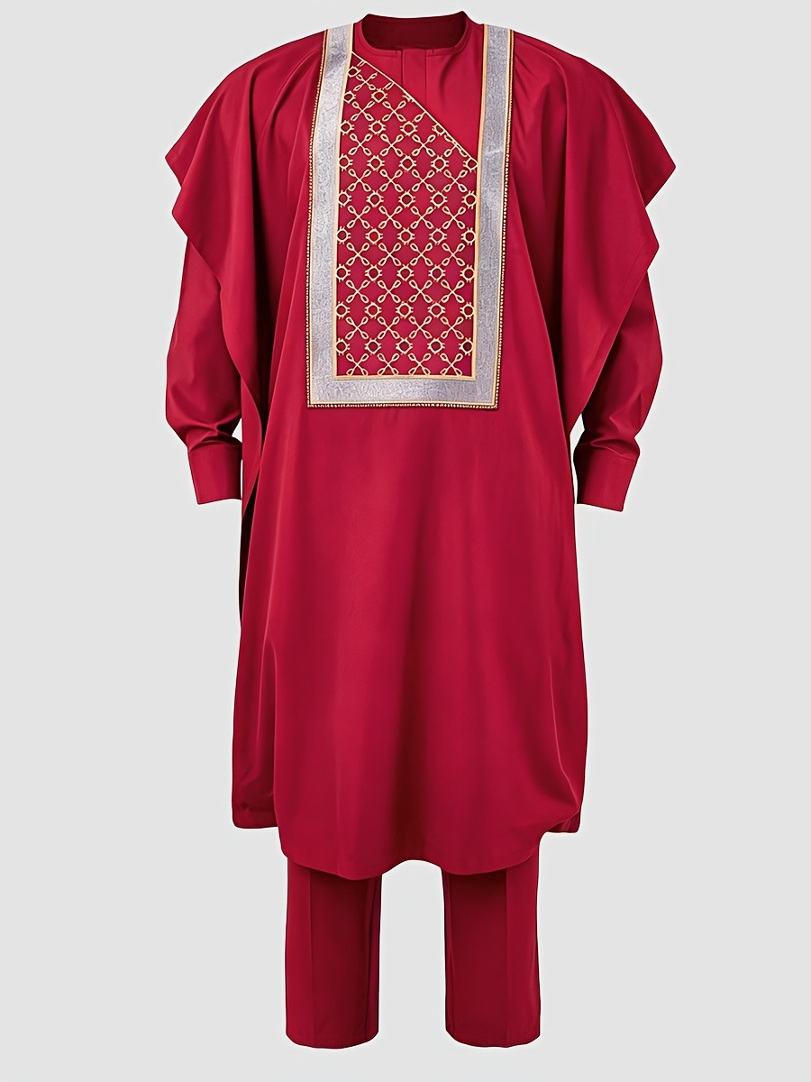 Men's Agbada 3pcs Set, Embroidered Pattern, Crew Neck, Hidden Buttons, Slit Hem with Pockets, Ethnic Pattern Robe, Long-Sleeve Shirt, Drawstring Elastic Waist Pants, Suitable for Banquets, Birthdays, Gatherings, Weddings, Holiday Celebrations, Dates
