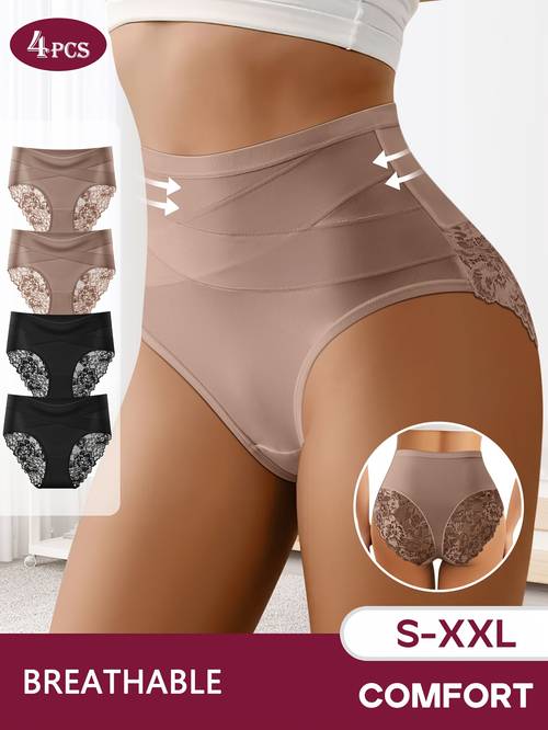 4pcs quasti elegant high waist briefs breathable light beige lace trimmed panties with medium support ideal for everyday and special occasions