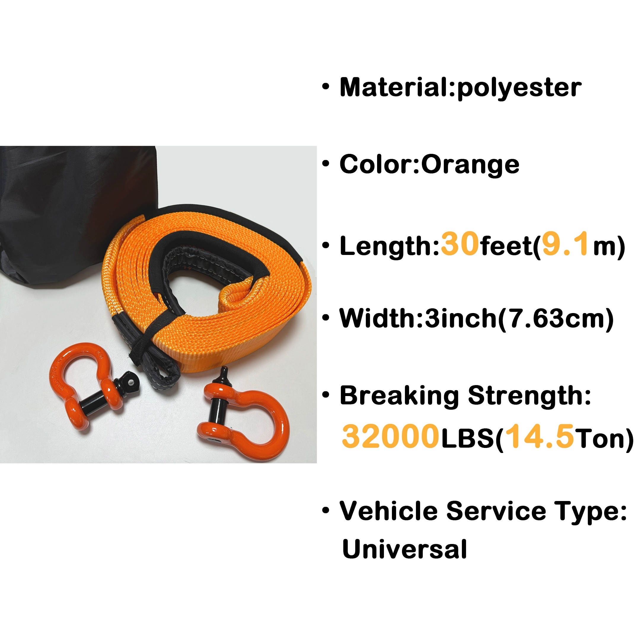 Nylon Heavy Duty Tow Strap Recovery Strap With Hooks 3 X 30Ft - 32, 000  LBS Break Strength, 3/4 D Ring Shackles (2pcs), Recover Your Vehicle Stuck  In