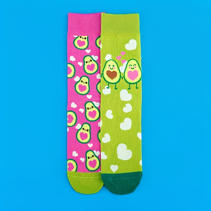 1 Pair Ab Style Creative Asymmetrical Women's Mid-calf Socks, Love Elements Hand-in-hand Avocado Fun Patterns Couple Socks, Novelty Gift Socks