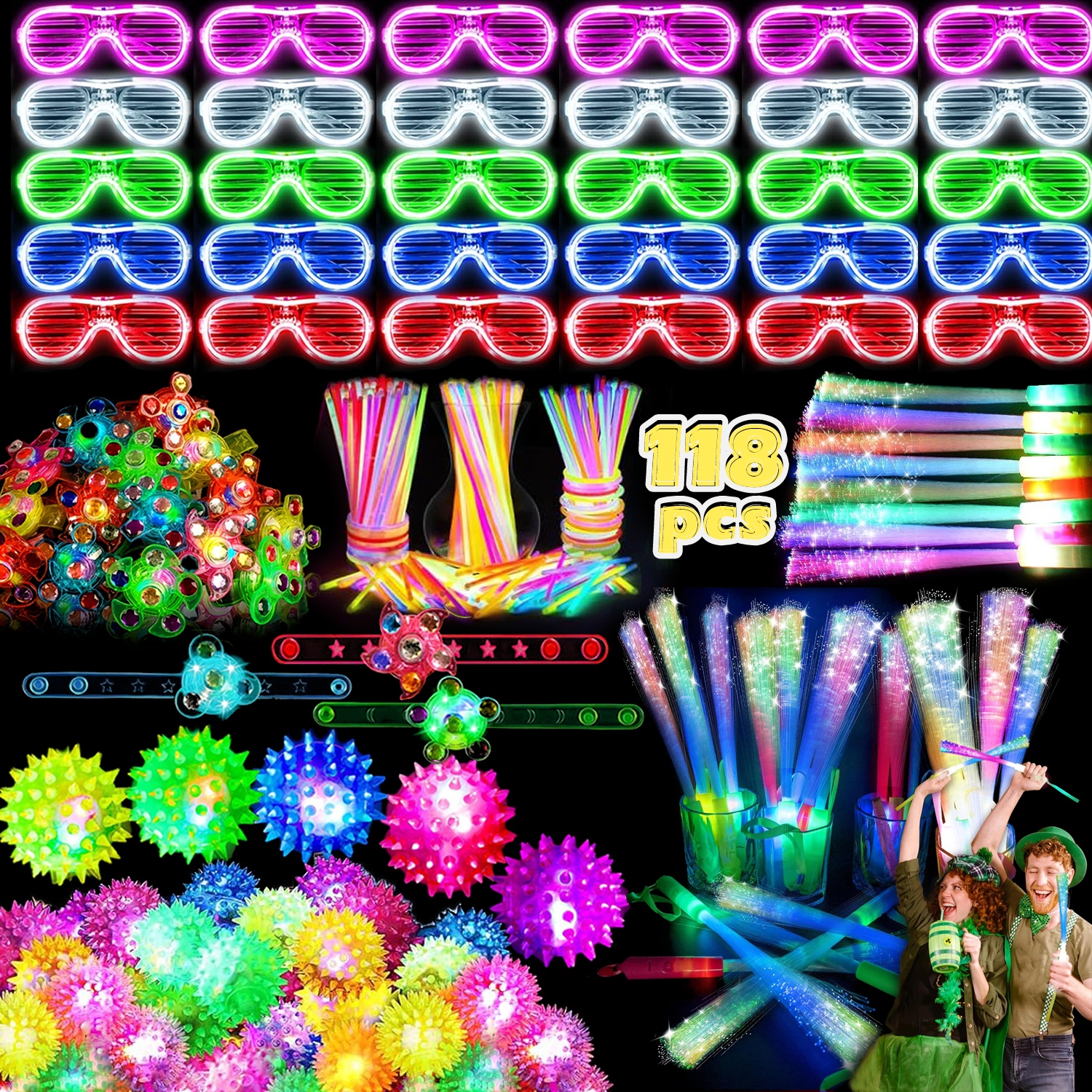 TEMU 118pcs Of Party Supplies That Glow In The Dark, Party Gifts For Children And Adults, 5 Luminous Glasses, 5 Rods, 5 Luminous Stabs, 5 Luminous