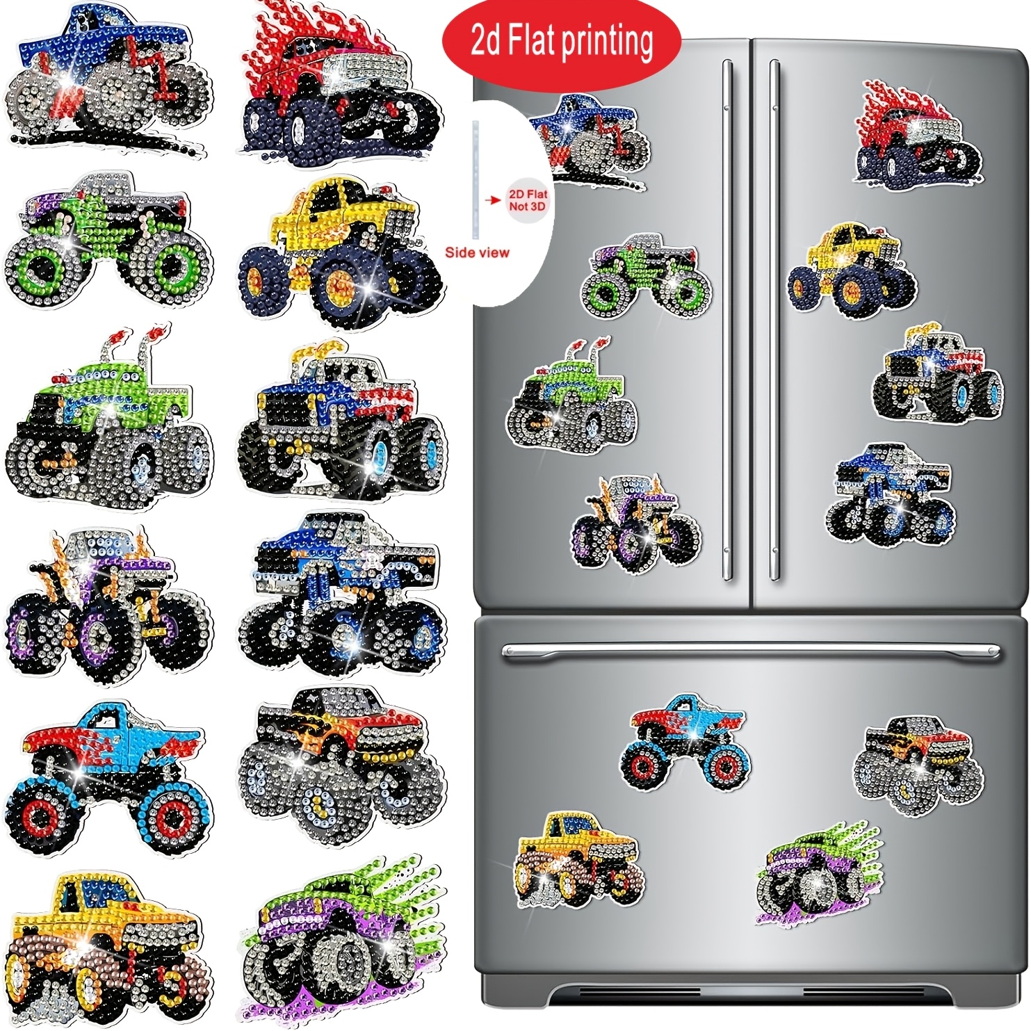TEMU 2d Flat/12pcs Truck-themed Diamond Painting Kit, Refrigerator Magnets, Diy Diamond Magnet Stickers, Adult Craft Decorative Fridge Magnets