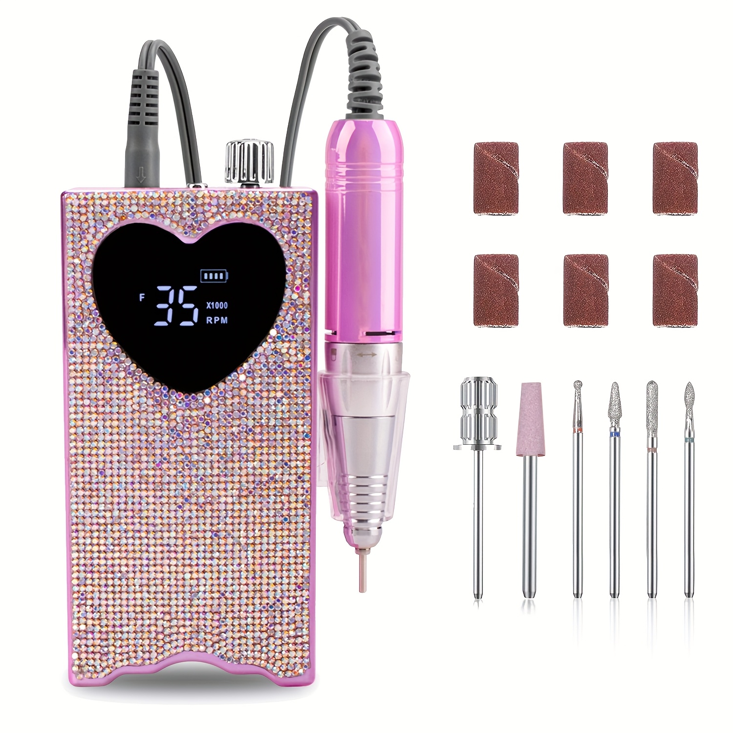 [Professional Nail Drill] Cordless 35000 RPM Professional Rechargeable Nail Drill - Portable Manicure Pedicure Shape Carve Polish Machine with Battery, Manicure Essentials | Heart Design Drill | Display Feature, Nail Tech Supplies, Pink