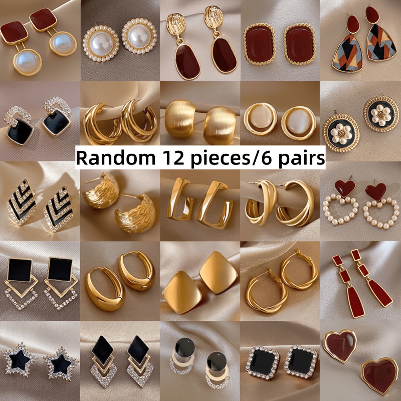 TEMU Random 12pcs/set Women's Vintage Elegant Golden Black Five-pointed Star -shaped Wine Red Earring Set, Women's Fashion Earrings For Daily And