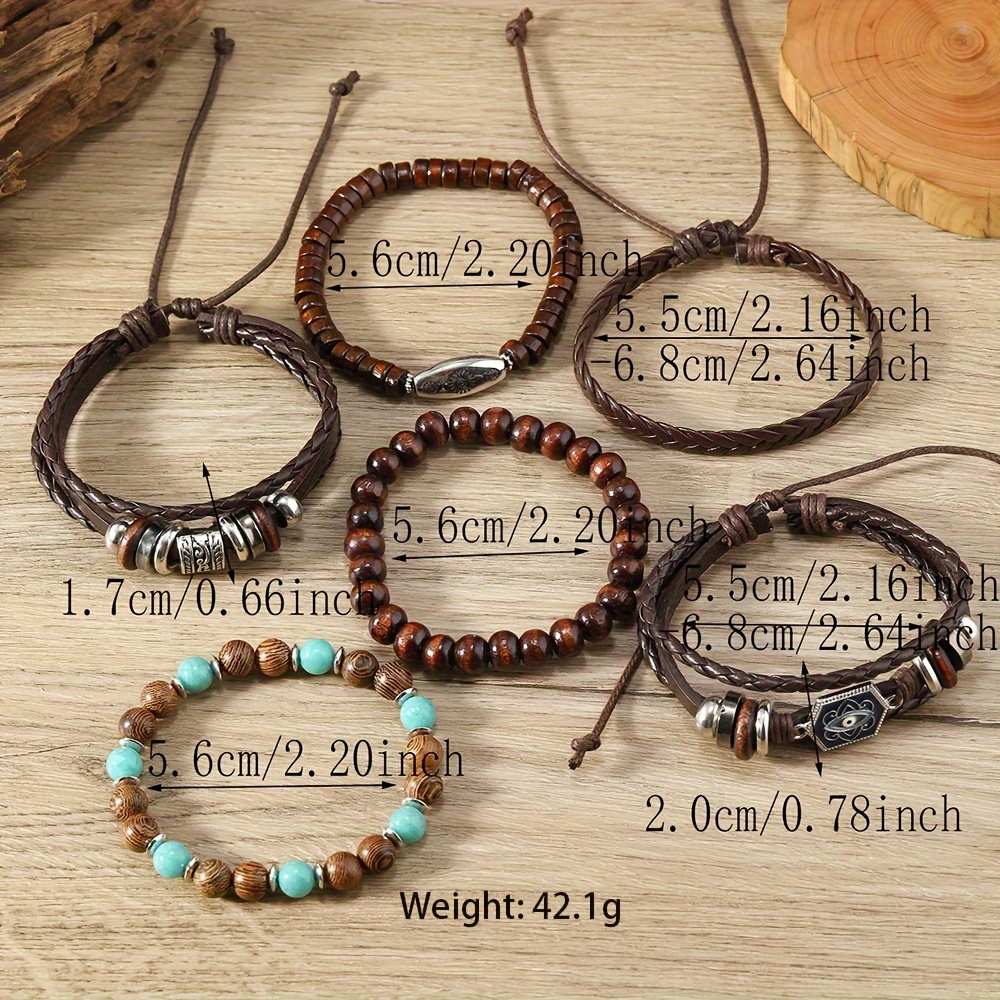 6pcs Retro PU Leather Beaded Bracelets Set for Men