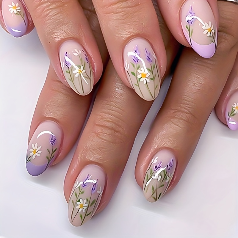 E-shop 24 Stück Kurze Mandelform Press-On Nägel Lila Nagelspitzen Kunstnägel mit Blumen-Design Glänzend Vollabdeckung Sommer Nageldesign für Frauen