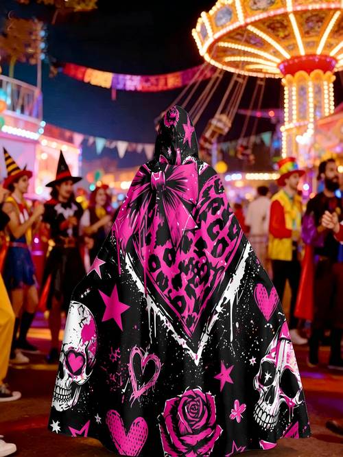 poza articolului pelerină plată 2d - pachet 1 buc. - roz negru craniu inimă pelerină cu glugă la modă, pelerină cu glugă potrivită pentru cosplay, halloween, evenimente de carnaval și sărbători de crăciun. unisex, ideală pentru petreceri și măști de carnaval