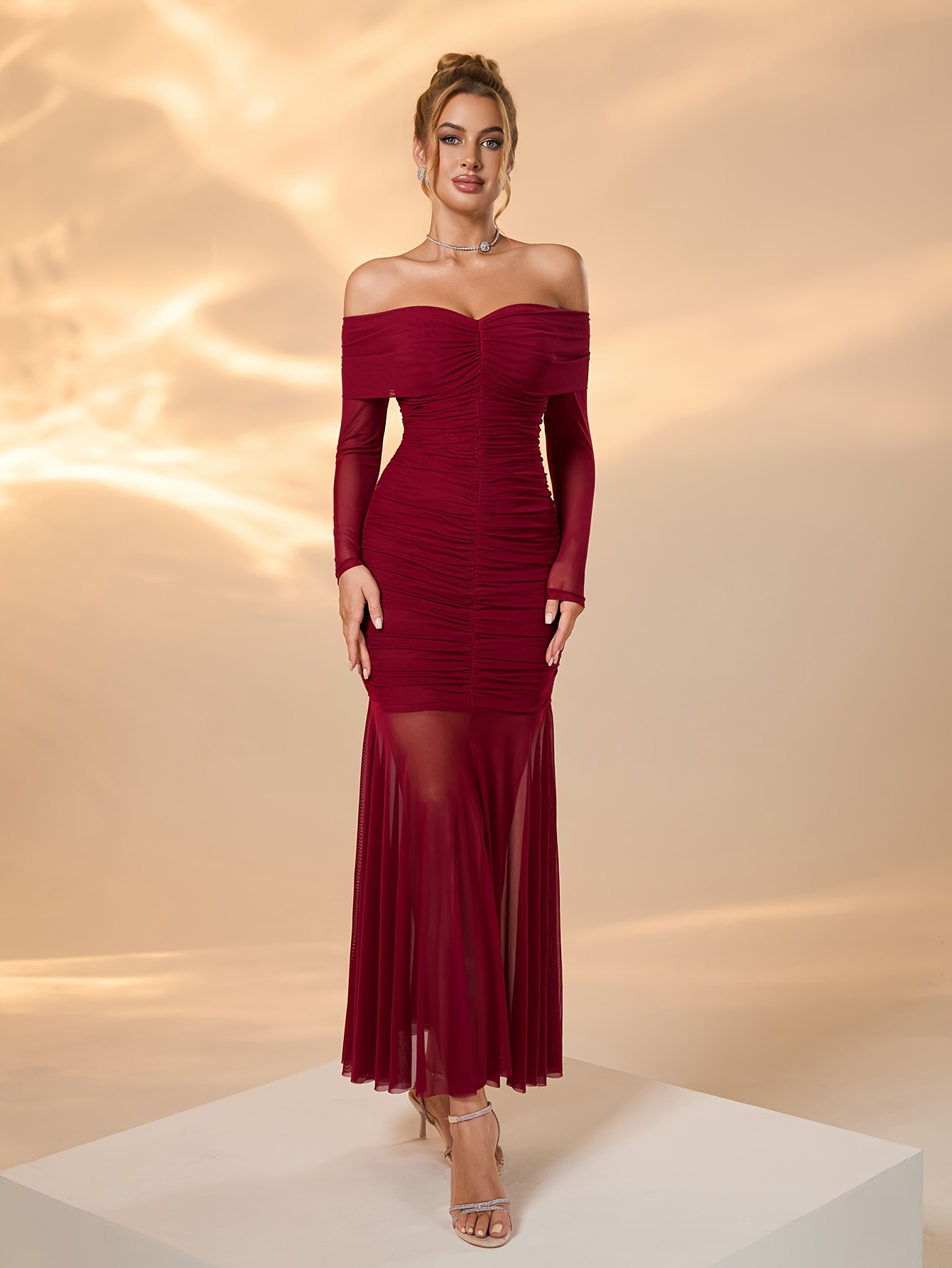 knee length dresses for ladies Self-Portrait - Burgundy Off Shoulder Gathered Lace Maxi Dress main image 1