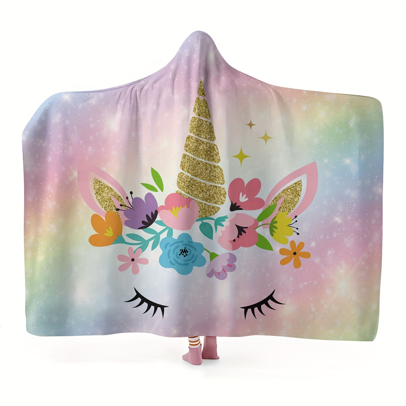 

1pc Unicorn Hooded Blanket | Flannel Wearable Hat With Floral & Rainbow Design | Cover & Travel Insulation | Machine Washable With Snap Buttons For , Unicorn Blanket