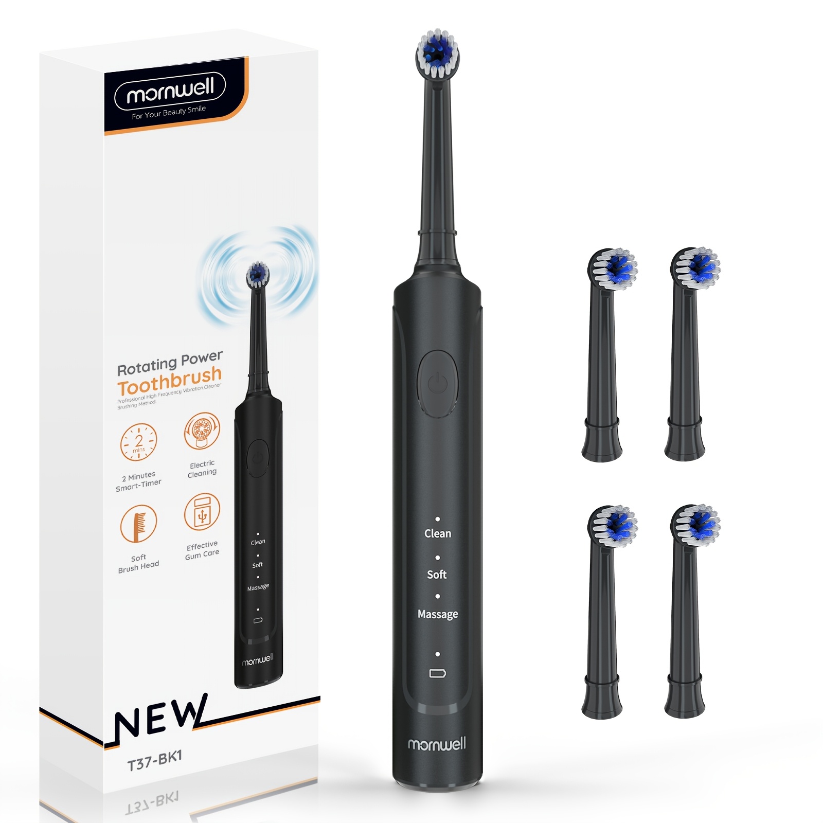 Image of Mornwell Smart Automatic Rotating Electric Toothbrush | Usb Rechargeable, Deep Cleaning, Soft Bristles, Ipx7, Rechargeable Lithium Battery, Suitable For Students, Men, Women, And Couples, Cleans Teeth