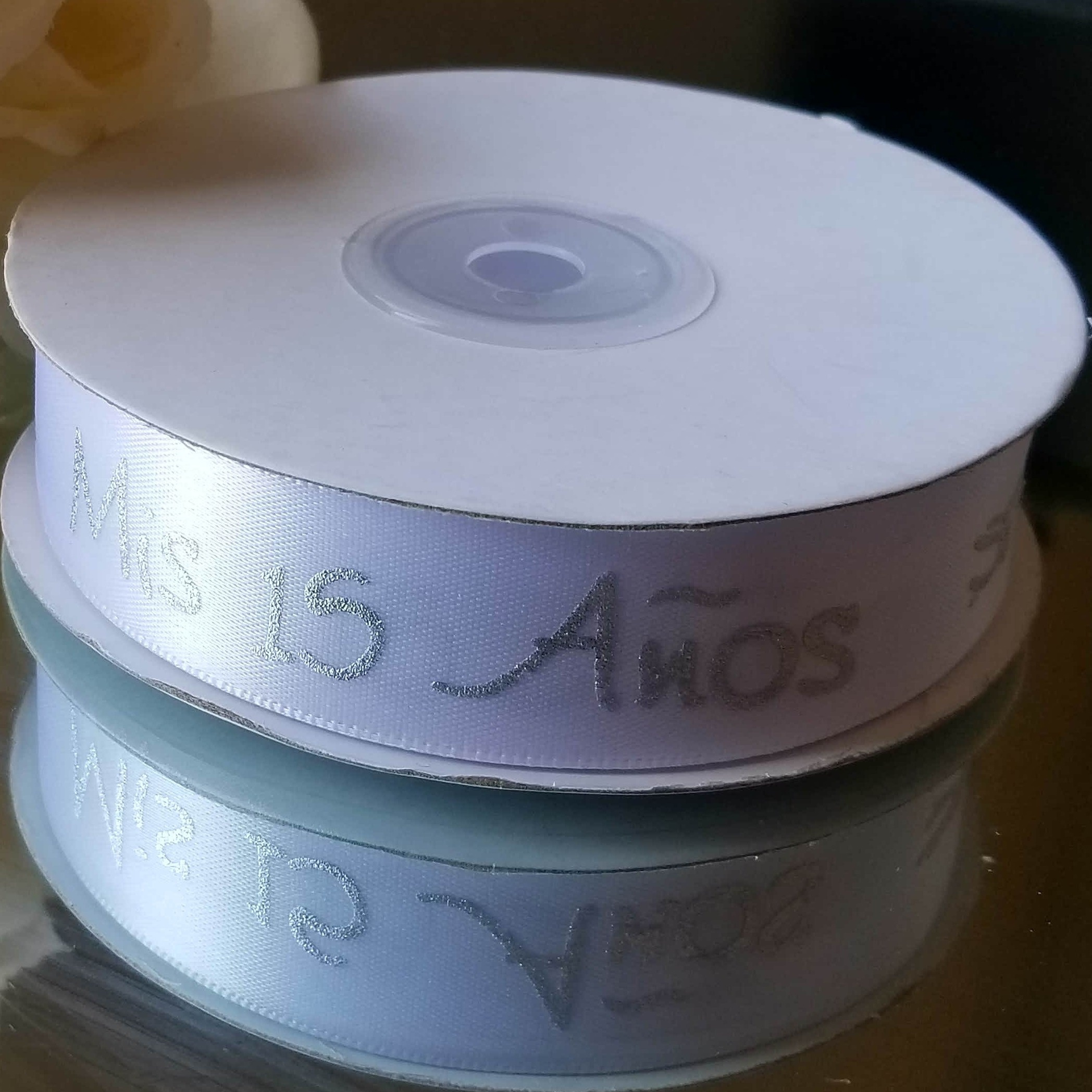 

7/8"25yds White Sliver Metallic Favor/"mis 15 Años"/sweet15 Satin Ribbon