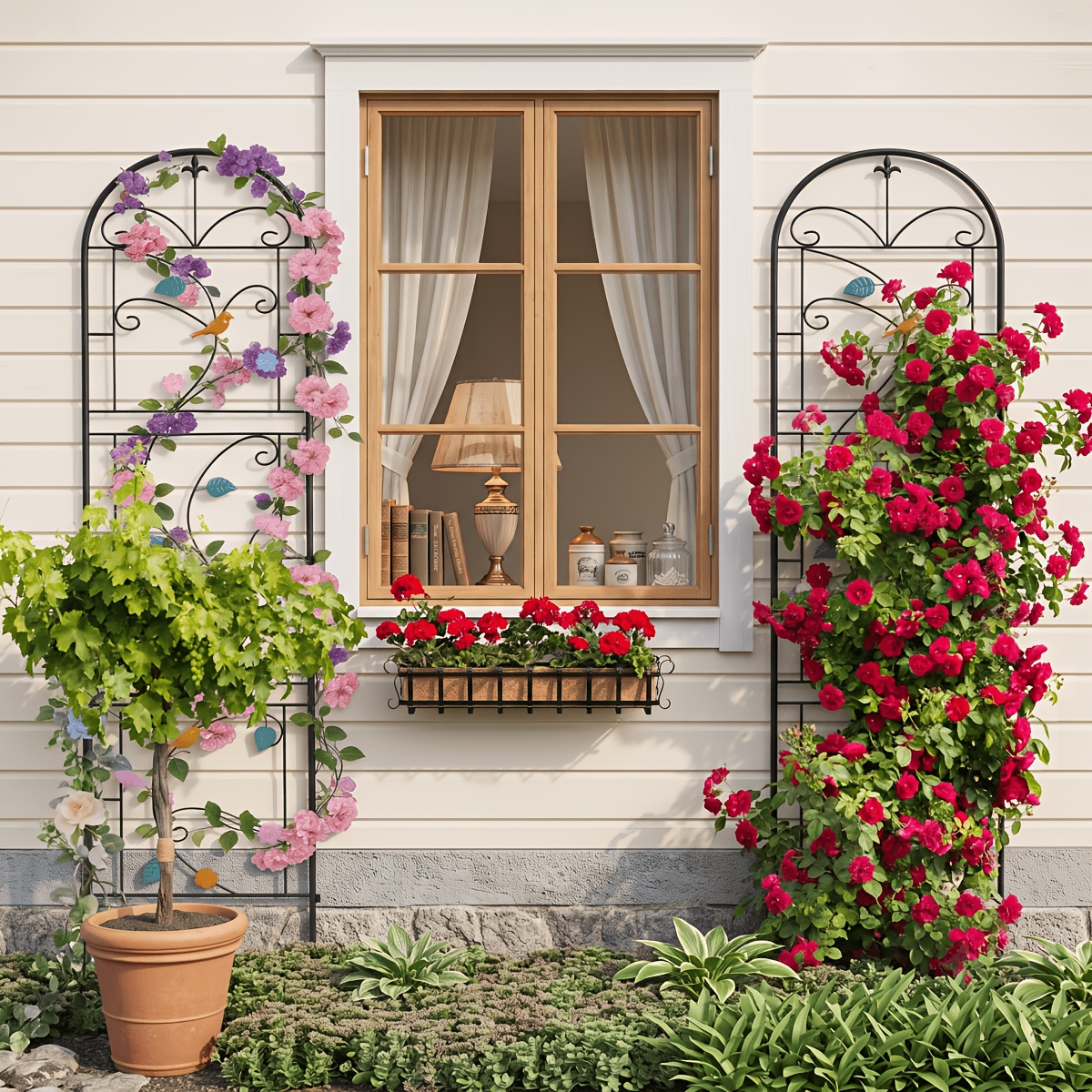 Image of 2pcs Classic Cottage Decorative Metal Garden Trellis Rustproof Iron Arched Lattice Frame With Leaf Accents Easy Stake Assembly For Yard