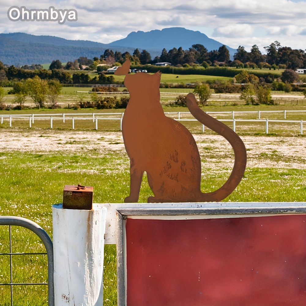 Image of Metal - Cat And - Rusted Metal Animal Sculpture - Exterior Yard Art - Metal Decor Ornament - Sculpture