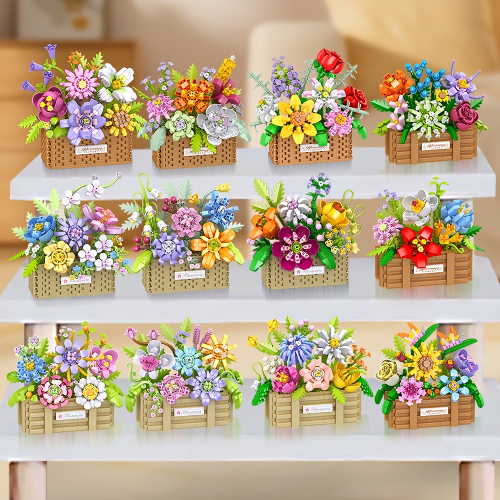moc rose sunflower flower pot micro building block eternal bouquet plant basket mini diamond brick set children assembly   desk decoration