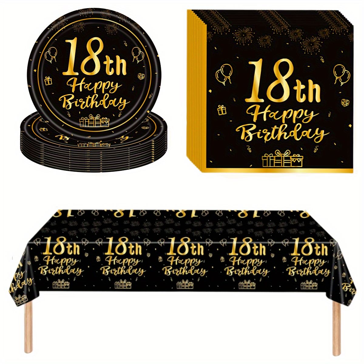 

18th Birthday Party Supplies Set - Vintage Black And Golden Theme Disposable Tableware And Decorations - Plastic Plates, Napkins, Table Cover, Banner, Party Hats - No Assembly Required