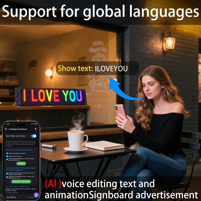Écran LED Flexible avec Édition Vocale Intelligente, Connectivité Bluetooth pour Animation et Personnalisation de Texte. Alimentation USB - Idéal Décorations Maison/Publicités Magasins Vitre Arrière Voiture & Ambiance Festive