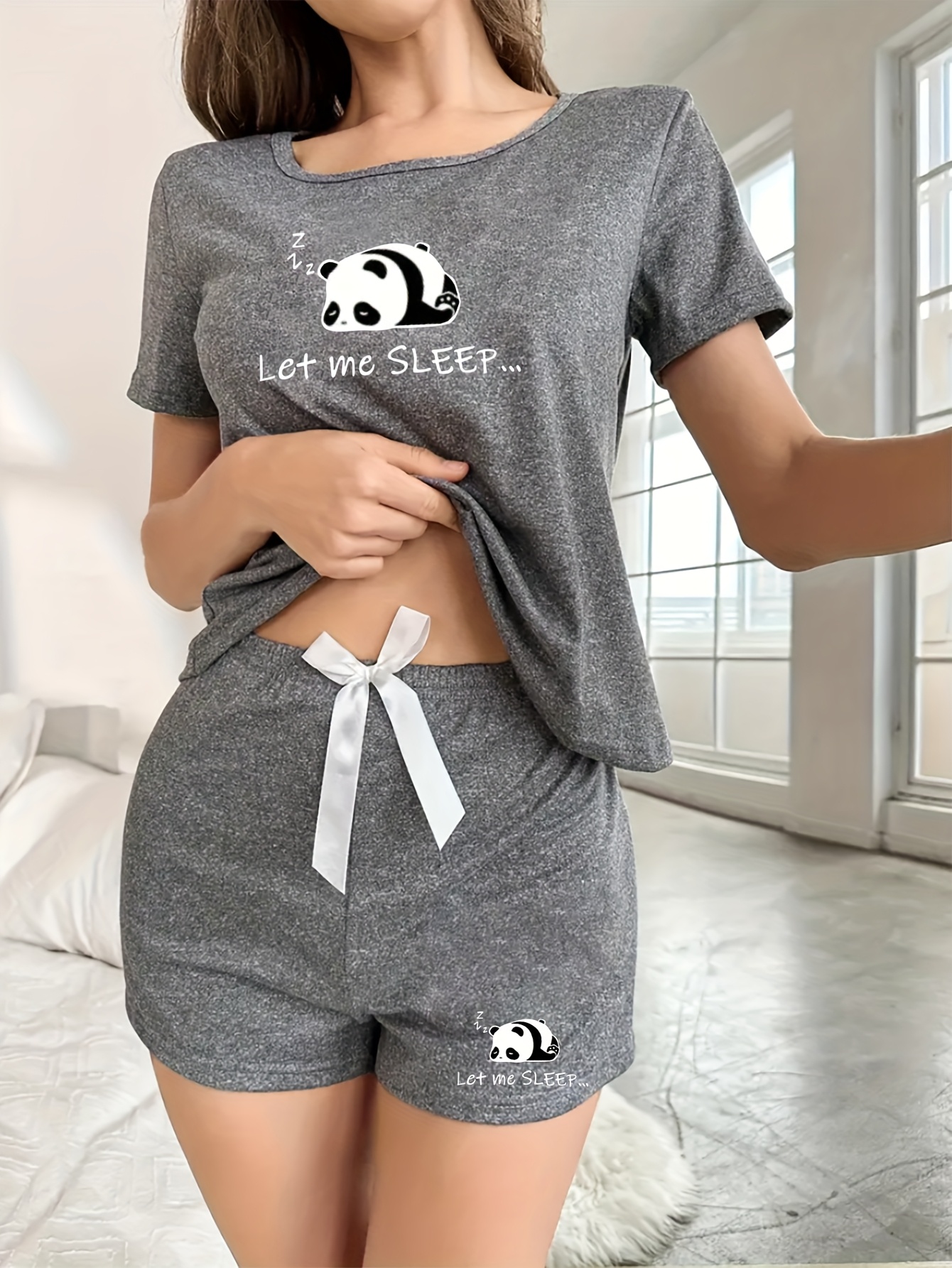 womens cute panda print pajama set with bow detail soft stretchy fabric short sleeve top elastic shorts   spring summer sleepwear and relaxation sleepwear   print   pajama set details 3