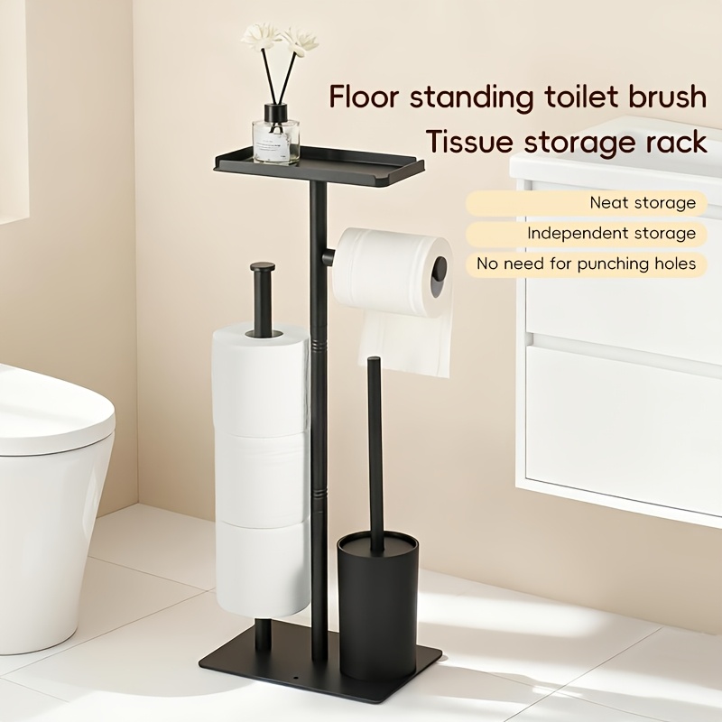 TEMU Stainless Steel Toilet Paper Holder With A Tray And A Toilet Brush Holder. Base Prevents Wobbling. Freestanding Toilet Paper Roll Holder With An