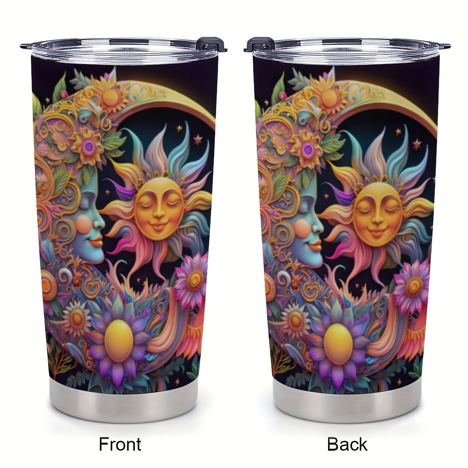 

1pc, Fancy Sun Moon Print Tumbler With Lid And Straw, 20oz Stainless Steel Water Bottle, Insulated Water Cups, Summer Winter Drinkware, Outdoor Travel Accessories