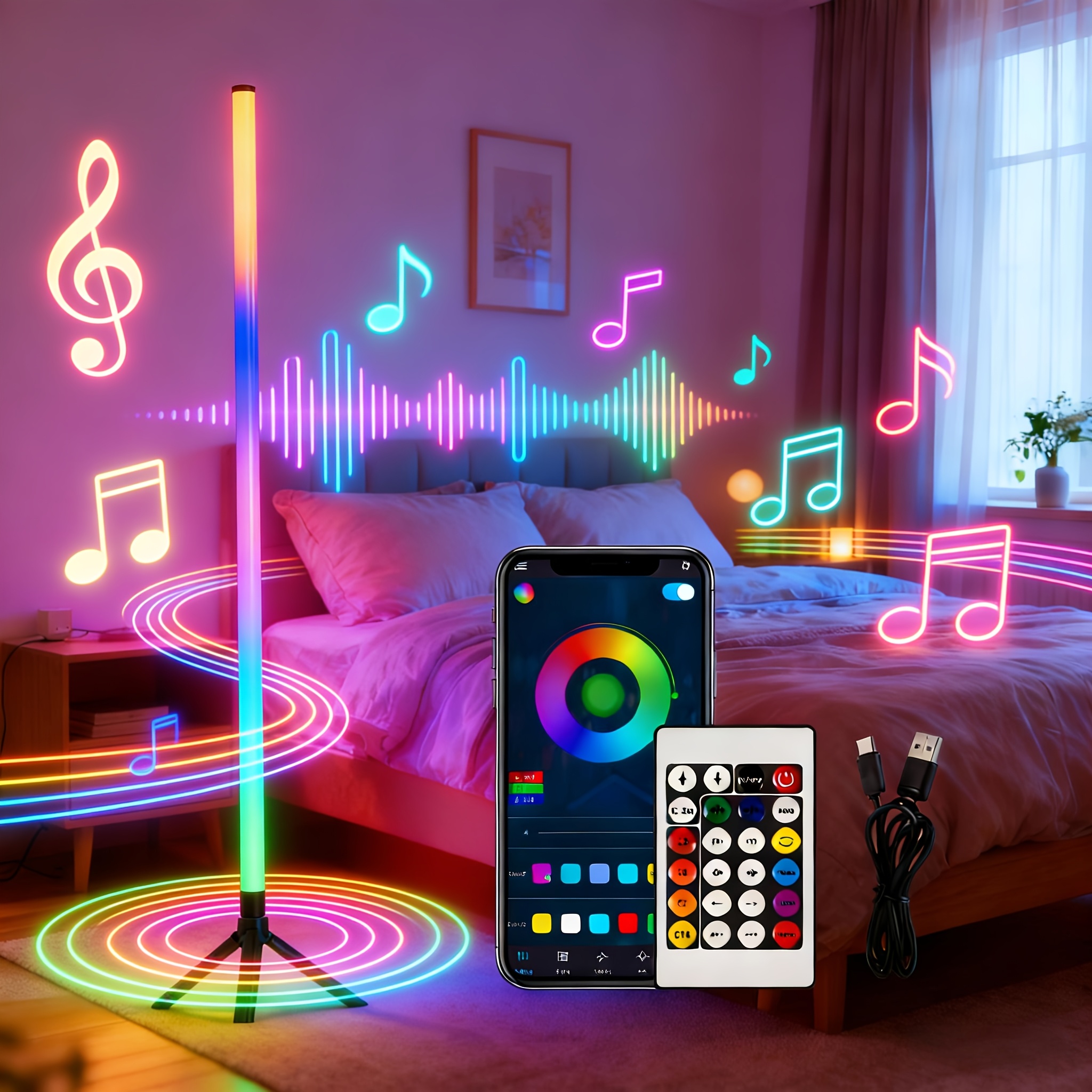 TEMU 360° Rgb Color-changing Led Floor Lamp | With Music Synchronization, Modern Ambient Light, Remote Control, App Control, , Timing Function,