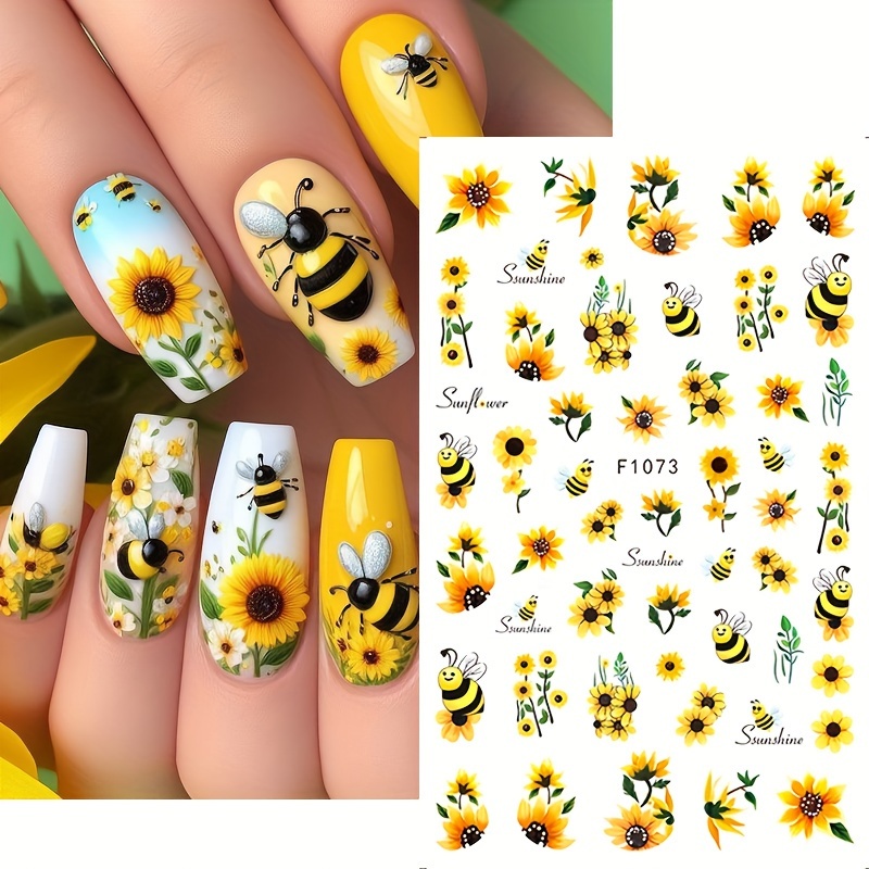 

2pcs Floral Nail Stickers, Bee Sunflower Daisy Self-adhesive Nail Stickers, Diy Nail Art Decorations, Nail Art Supplies For Women And Girls