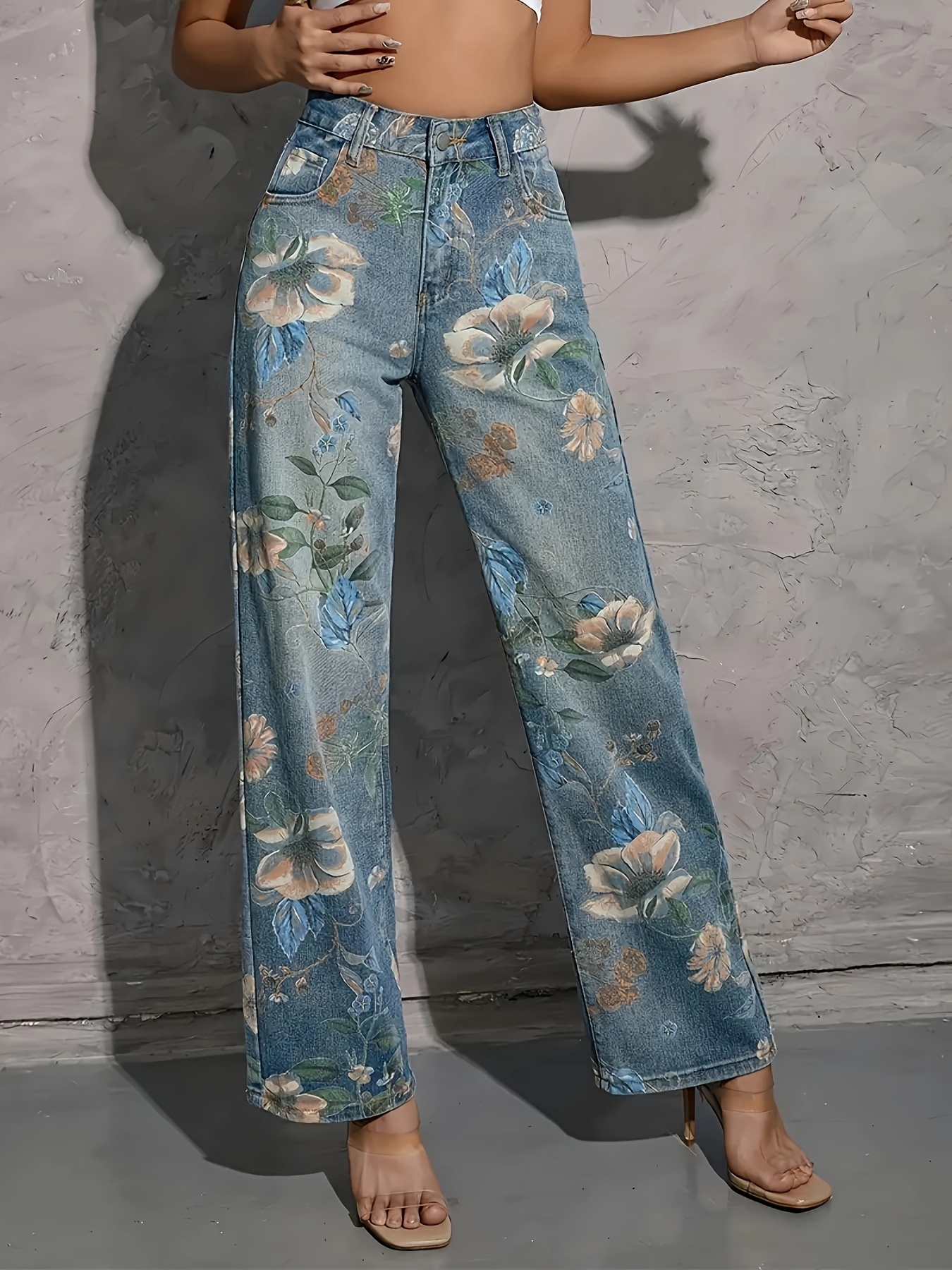 Elegant Color Block Flower Print Capri Pants Stretchy High - Temu