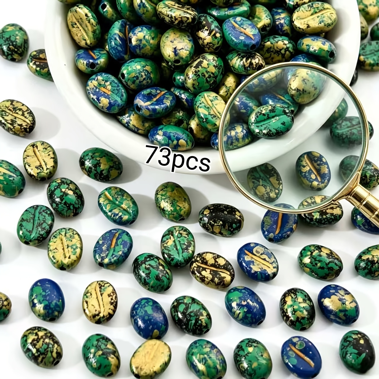 TEMU 73pcs 10mm, Chinese Style Retro Imitation Marble Pattern Oval Loose Beads, Mixed Colors, Coffee Bean Shaped Spacer Beads Suitable For Handmade
