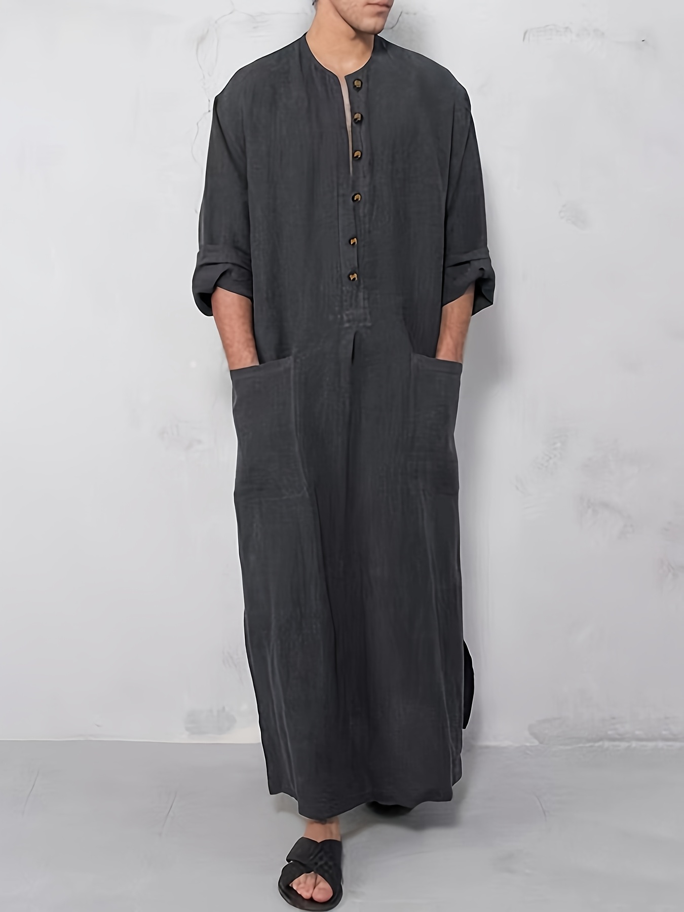   asian mens loose striped round neck long sleeve muslim robe hoodie pocket middle eastern abaya