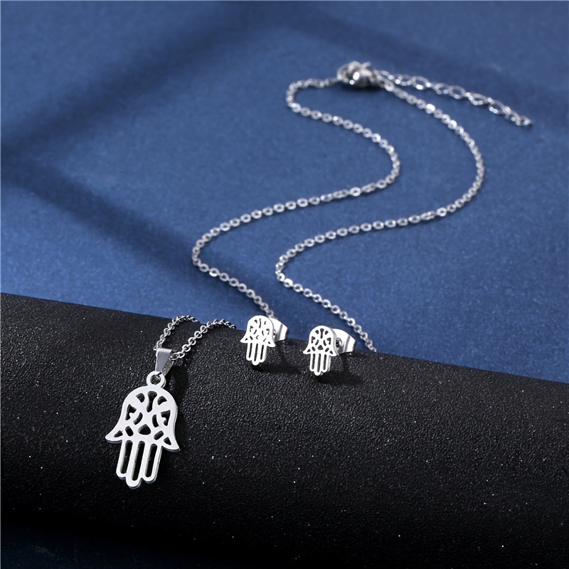 Couples Stainless Steel Palm Necklace Earring Set