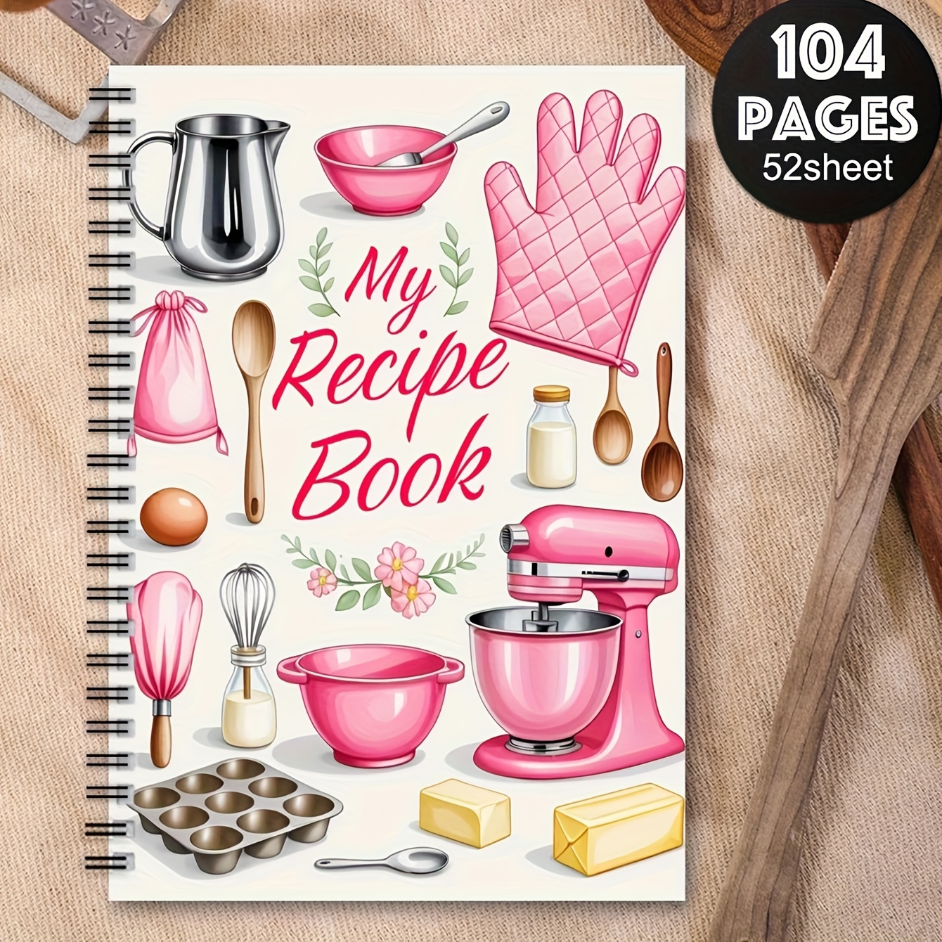 TEMU Carnet de recettes à spirale 1 pièce - Motif « Ma Recette », illustrations d'ustensiles de cuisine et d'ingrédients roses, parfaites pour , la