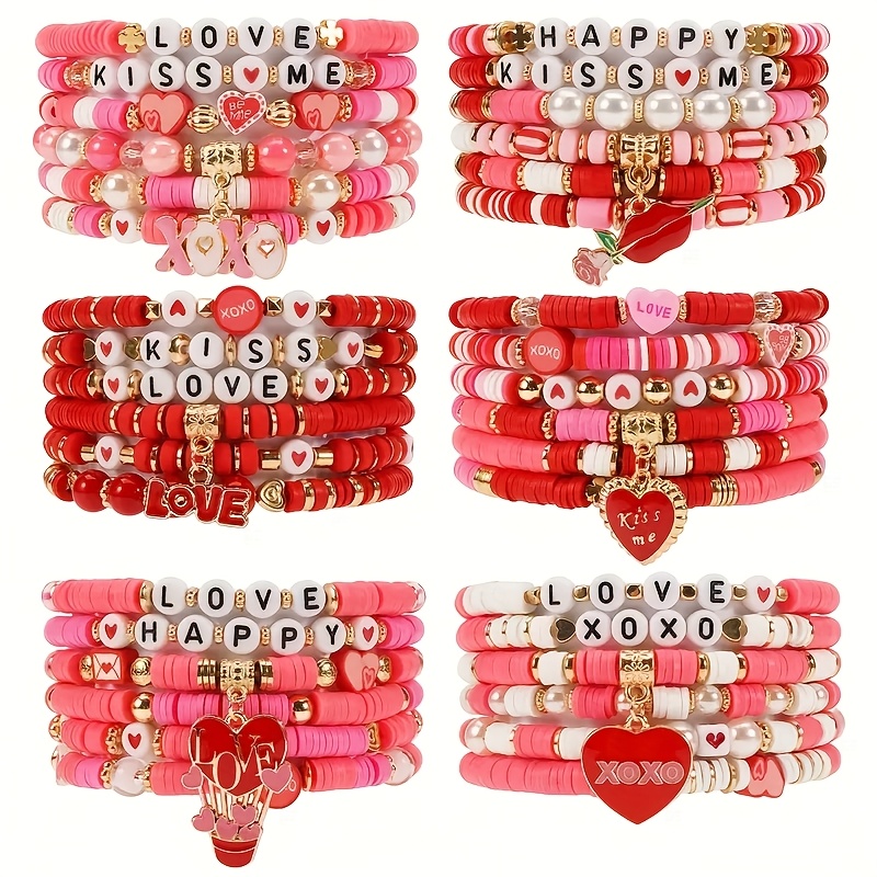 

36pcs/24pcs Valentine's Day Charm Bracelet - -chic Stretch Beaded With Rose & Heart Pendant, Perfect Gift For Her