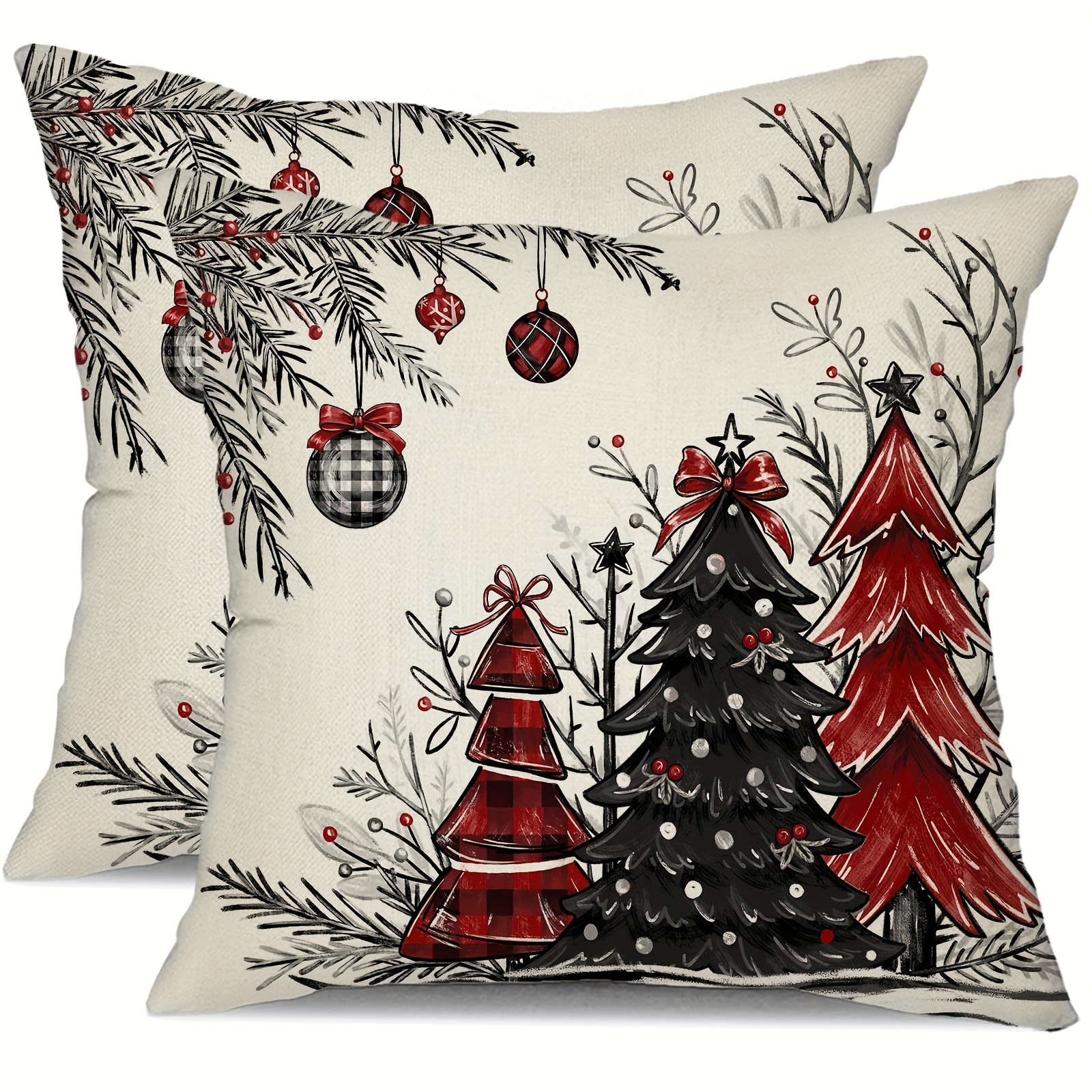 

2pcs Winter Christmas Pillowcase Set - Cozy White With Tree & , Zip Closure, Machine Washable - Sofa, Bedroom, Living Room & Car Decor