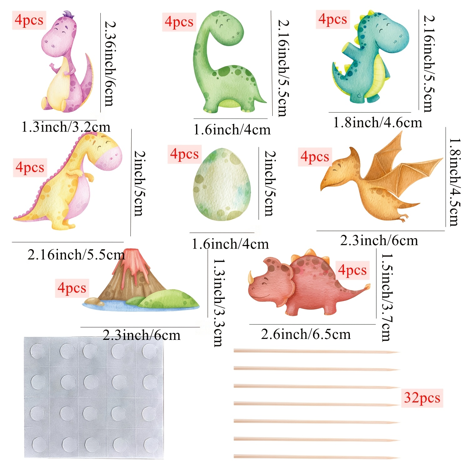 Image of 32pcs Of Cartoon Dinosaur Cupcake Decorations With Designs On Bamboo Sticks, Perfect For A Dinosaur-themed Birthday Celebration And Cake Embellishments